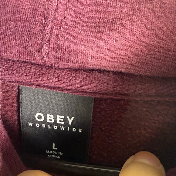 Obey Maroon Hoodie with Pink Floral Sleeves - Picture 3 of 6